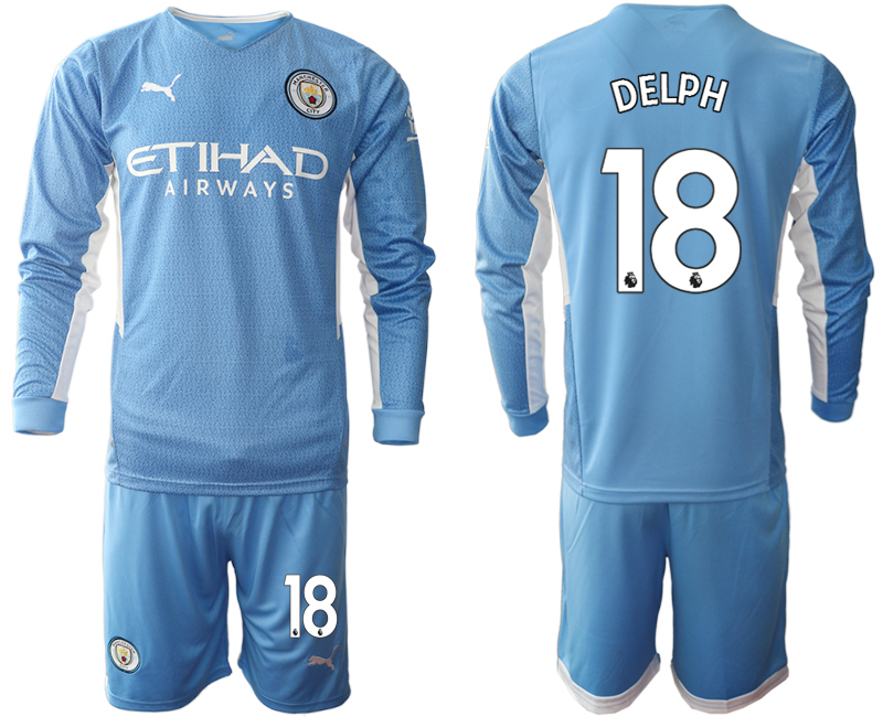 Men 2021-2022 Club Manchester city home Light blue Long Sleeve #18 Soccer Jersey->manchester city jersey->Soccer Club Jersey